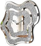 Crushed Diamond Mirrored Wall Clock Silver Modern Crystal Clocks for Bedroom Unique Home Decorative Glass Mirror Hanging Clock for Living Room Office Dining Decor