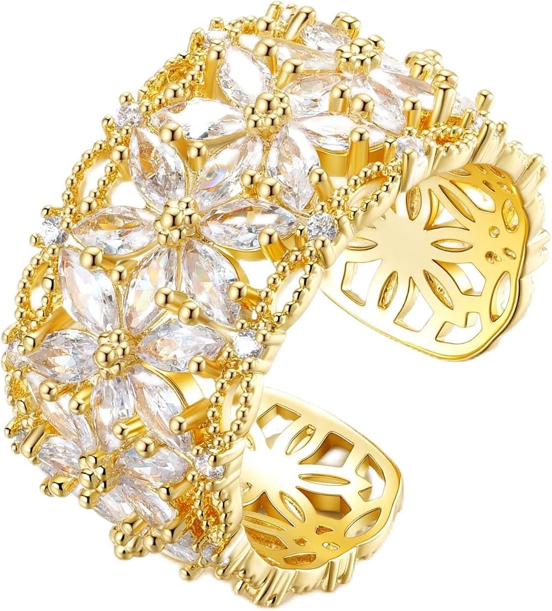 18K Gold Plated Red Flower Open Ring with Emerald for Charm Women, Fingertips Blooming