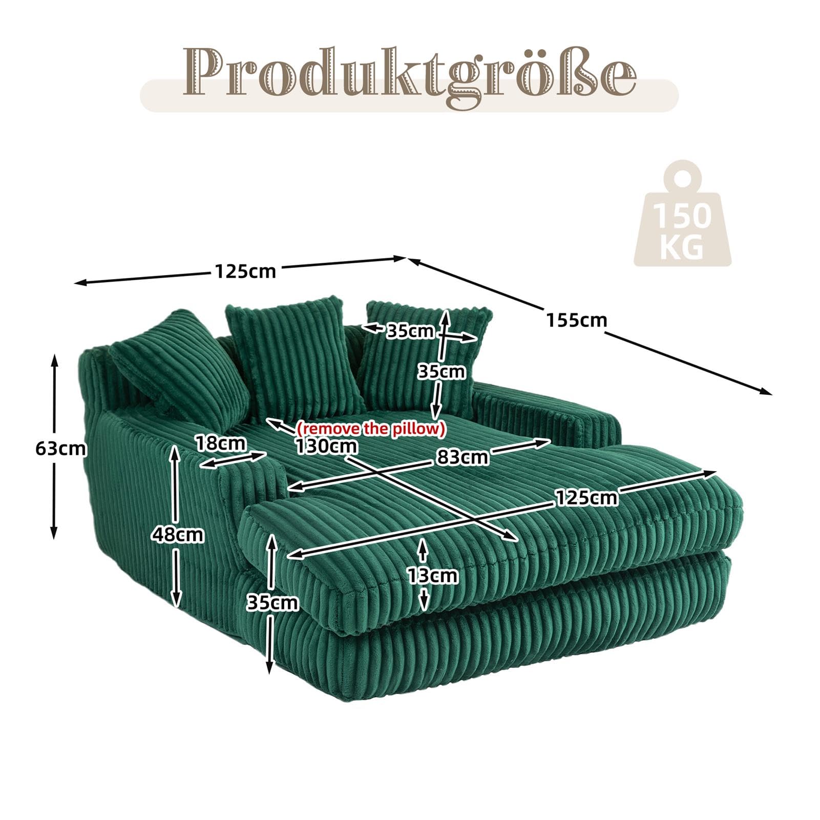 Cord Schlafsofa Cloud Couch mit 3 Weichen Kissen, 155 cm Lange, Rahmenlose Chaiselongue mit Extra Tiefer SitzfläChe, Bequemes Einzelsitz Bodensofa für Wohnzimmer, Wohnung Oder BüRo