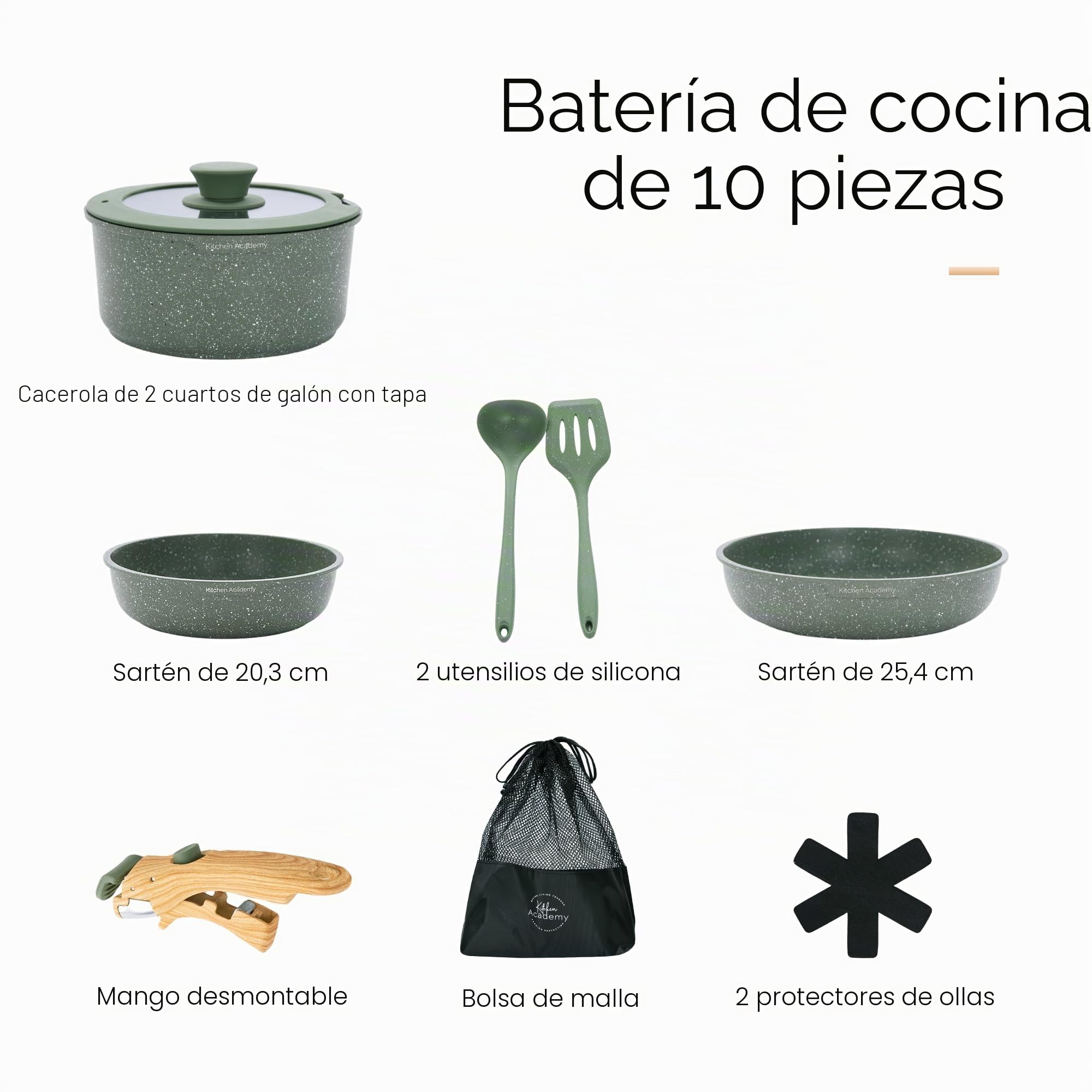 Juego de Sartenes Antiadherente 10 piezas con Mango Desmontable Verde | Juego de Cocina con Tapa de Cristal, Desmontable, Textura de Mármol, Apta para Inducción, Gas y Microondas