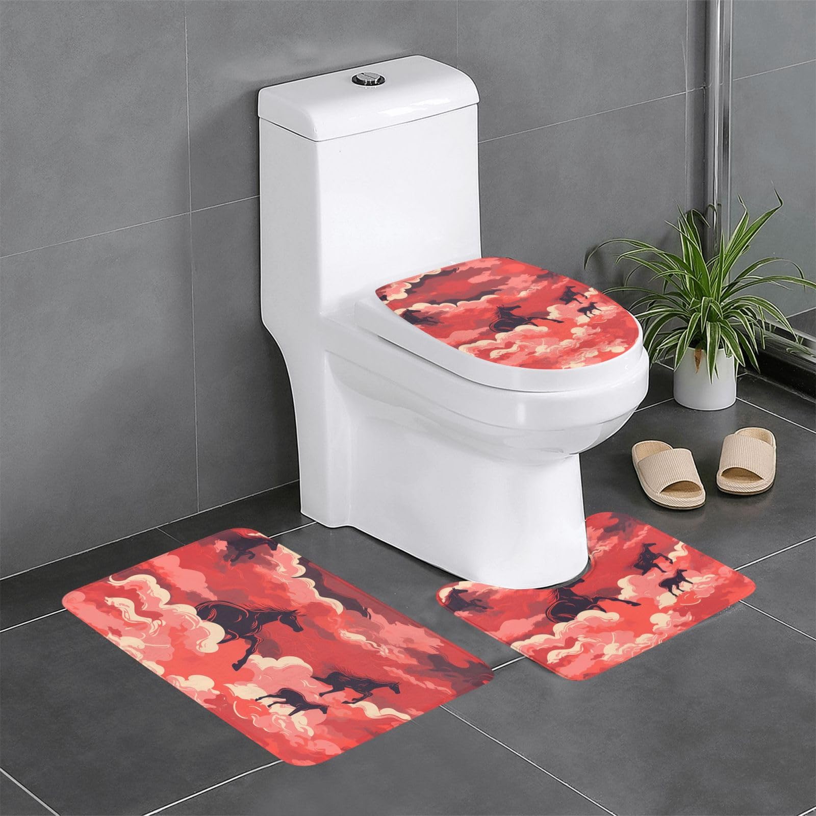 Tapis de salle de bain lot de 3 antidérapants motif chevaux rouges - 3 formes pour WC et coiffeuse