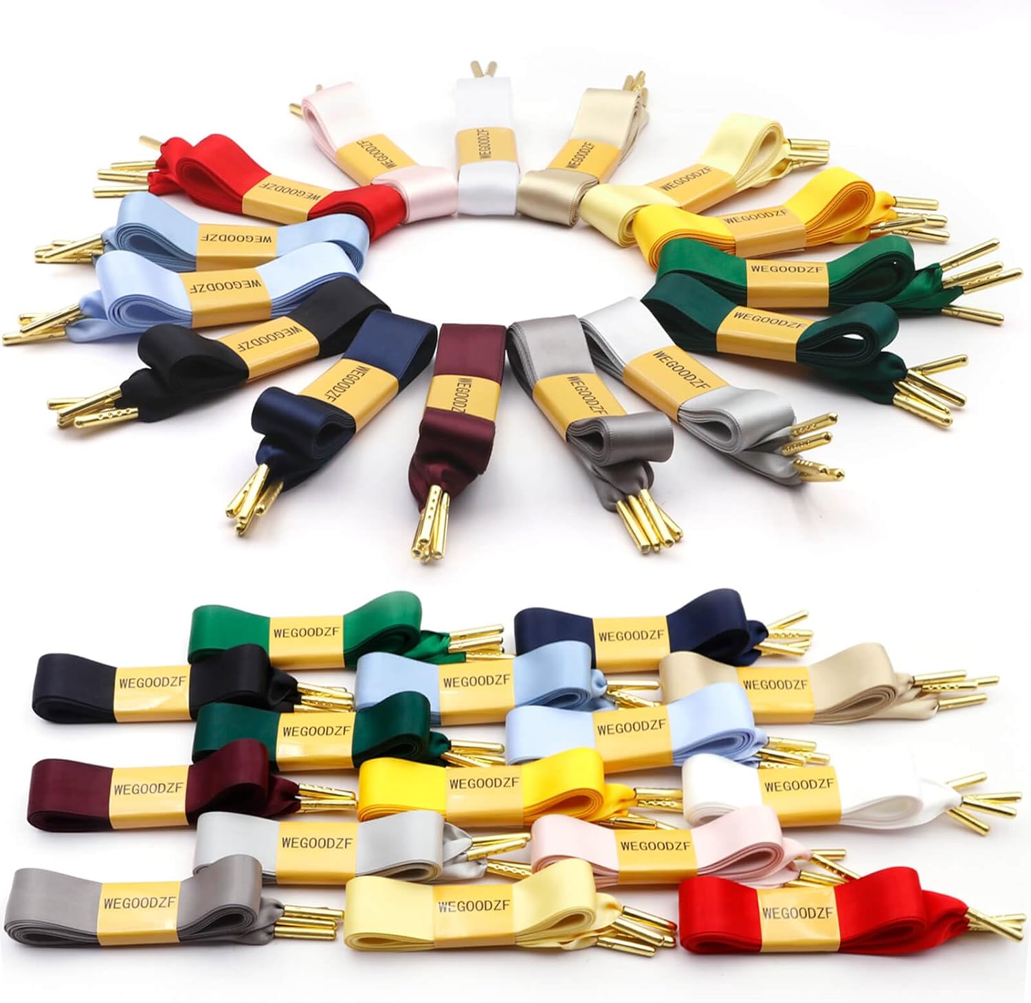 Silk Ribbon Sneakers Shoelaces: 2 Pairs 22mm Wide Satin Shoe Laces | Soft Satin Material, Golden Metal Tips, 31/39/47/55/63/71 Inch, 15 Colors Options
