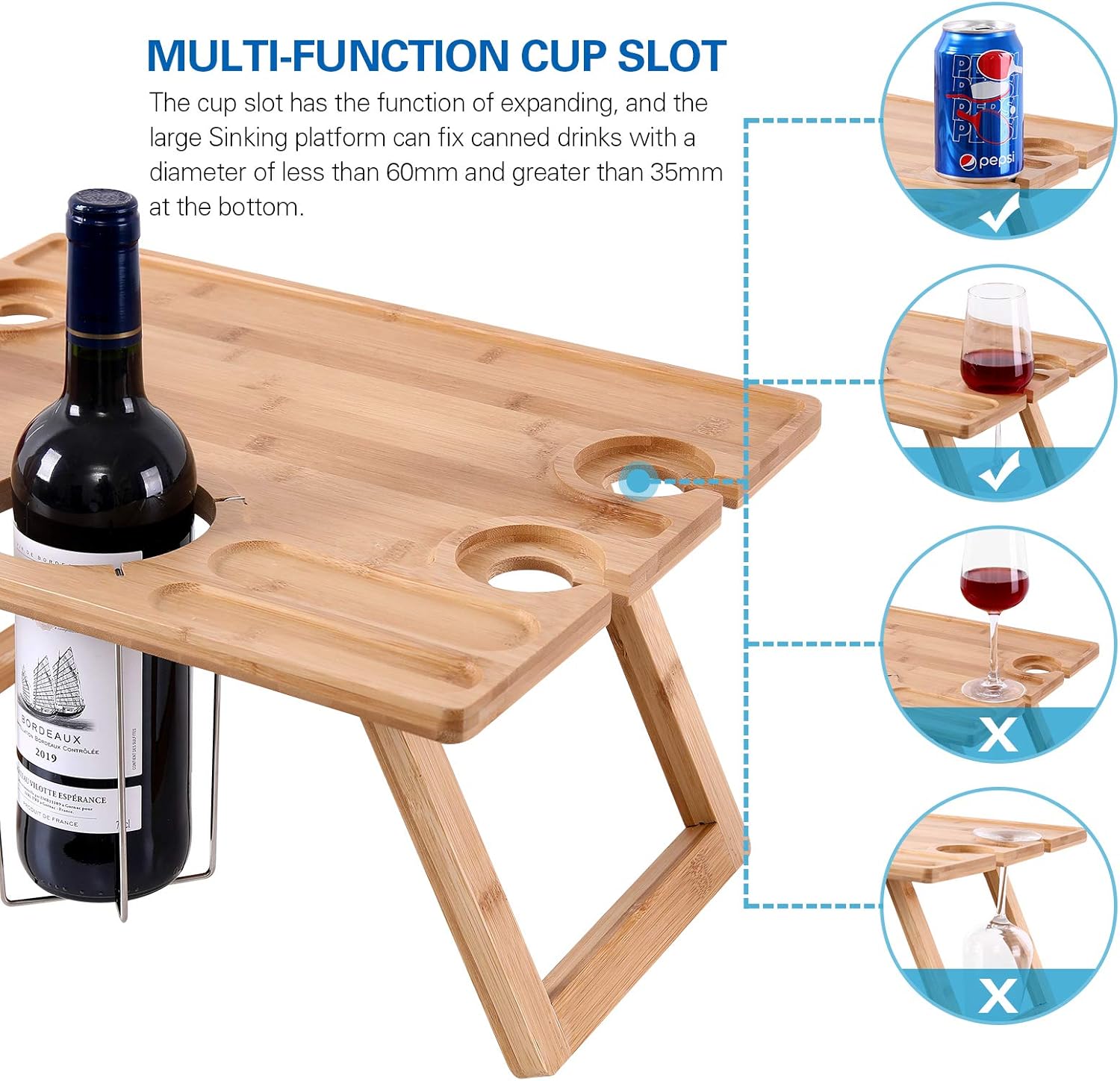 Ollieroo Portable Wine Picnic Table, Foldable Bamboo Snack Table with Wine Bottle and Glass Holder for 2 or 4 : Patio, Lawn & Garden