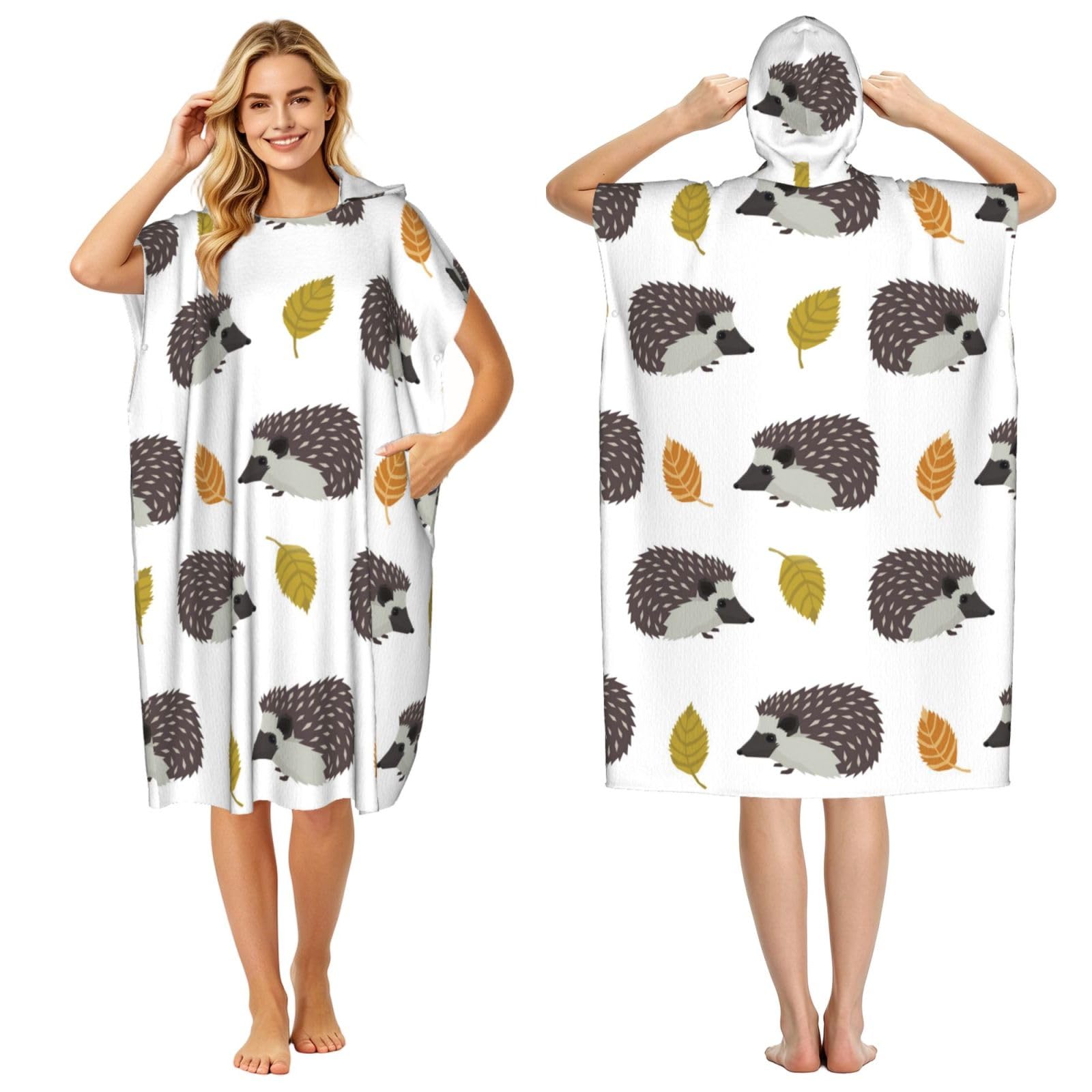 Poadnly Autumn Leaves Hedgehog, Adult Hooded Beach Towel 90 x 110 cm,Changing Bath Robe, Surf Poncho Towel For Women Men