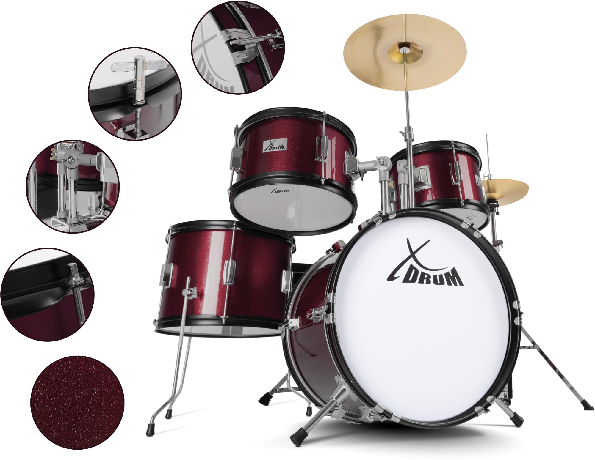 XDrum Junior Pro Batteria per Bambini Red - adatta da 5 a 9 anni - Drumset con accessori completi - incl. scuola - Rosso
