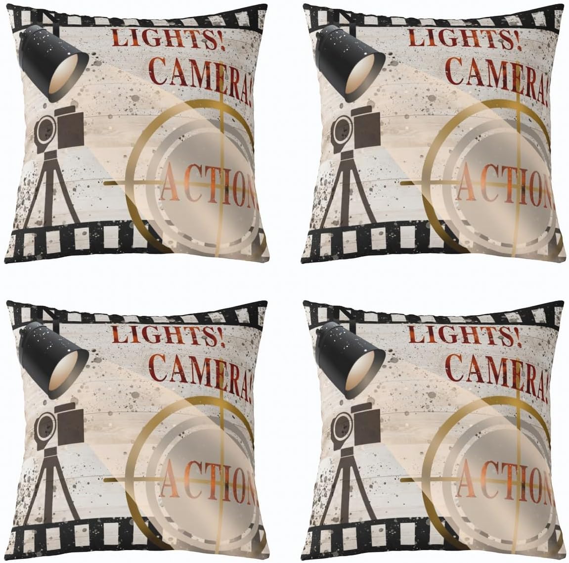 Pack of 2 Movie Theater Theme Decorative Throw Pillow Covers, Soft Cinema Poster Design Square Cushion Case Set for Couch Sofa Bedroom Living Room, Vintage Pillow Cases Pillowcases, 24x24 Inches