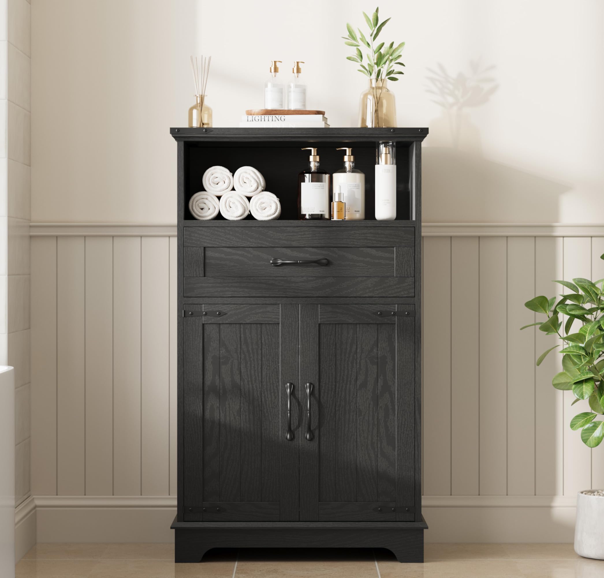 LuyFuitre Farmhouse Bathroom Cabinet with Doors and Drawers, Freestanding Bathroom Cabinet for Kitchen, Living Room, Black
