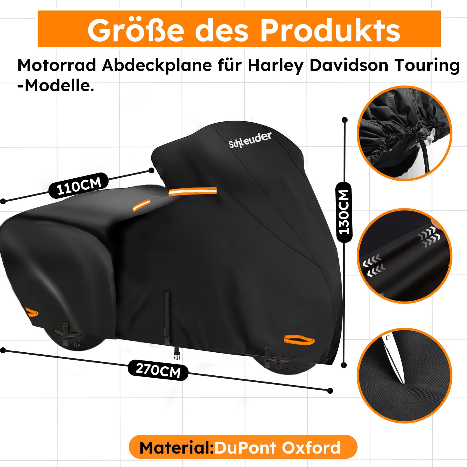 Schleuder Pokrowiec na motocykl Ha-rley Dav-idson z taśmą chroniącą przed wiatrem, odblaskowe paski, plandeka okryciowa do modeli Harl-ey Davi-dson, 270 x 110 x 130 cm