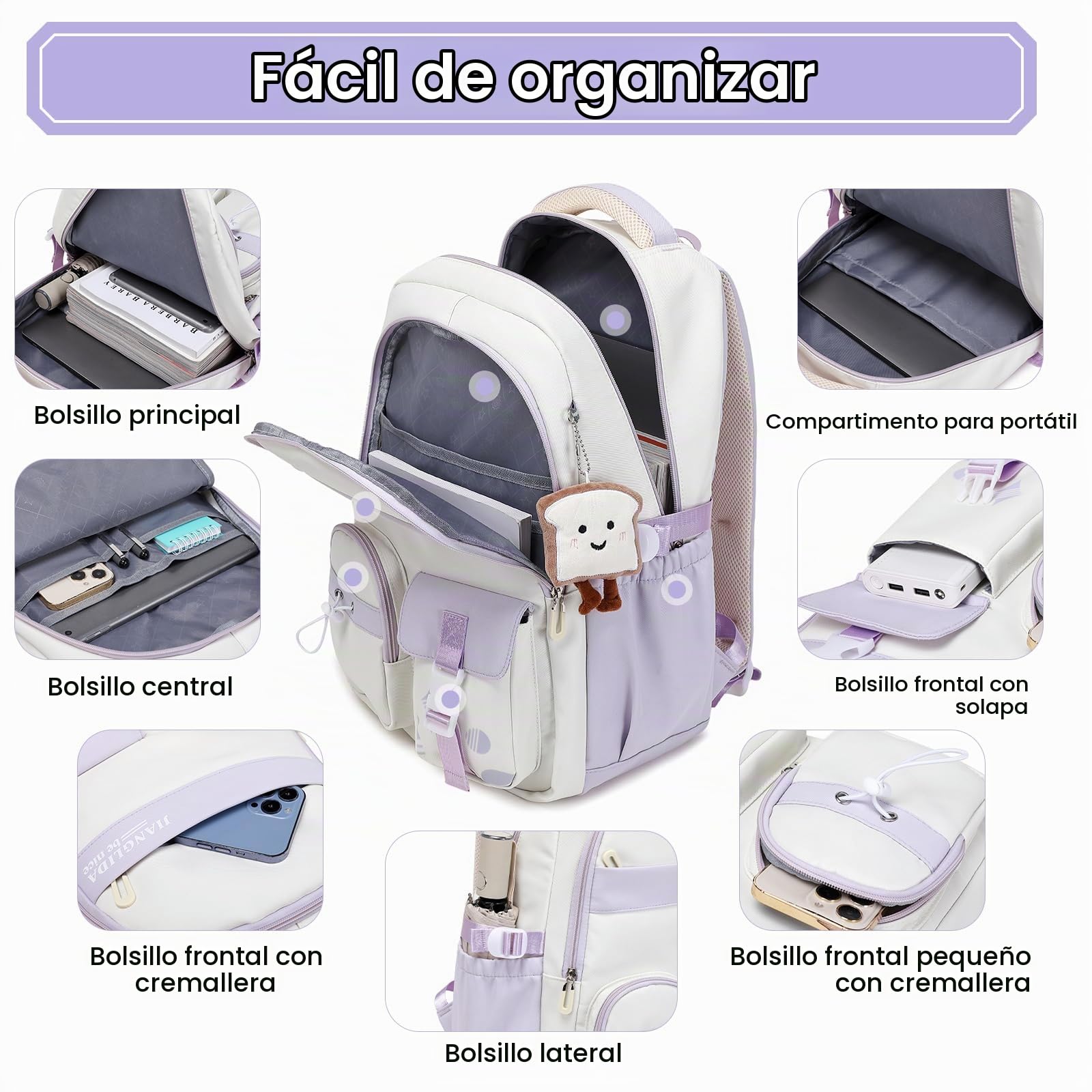 Amythe Mochilas Escolares Niñas con Correa para Carrito, Morado