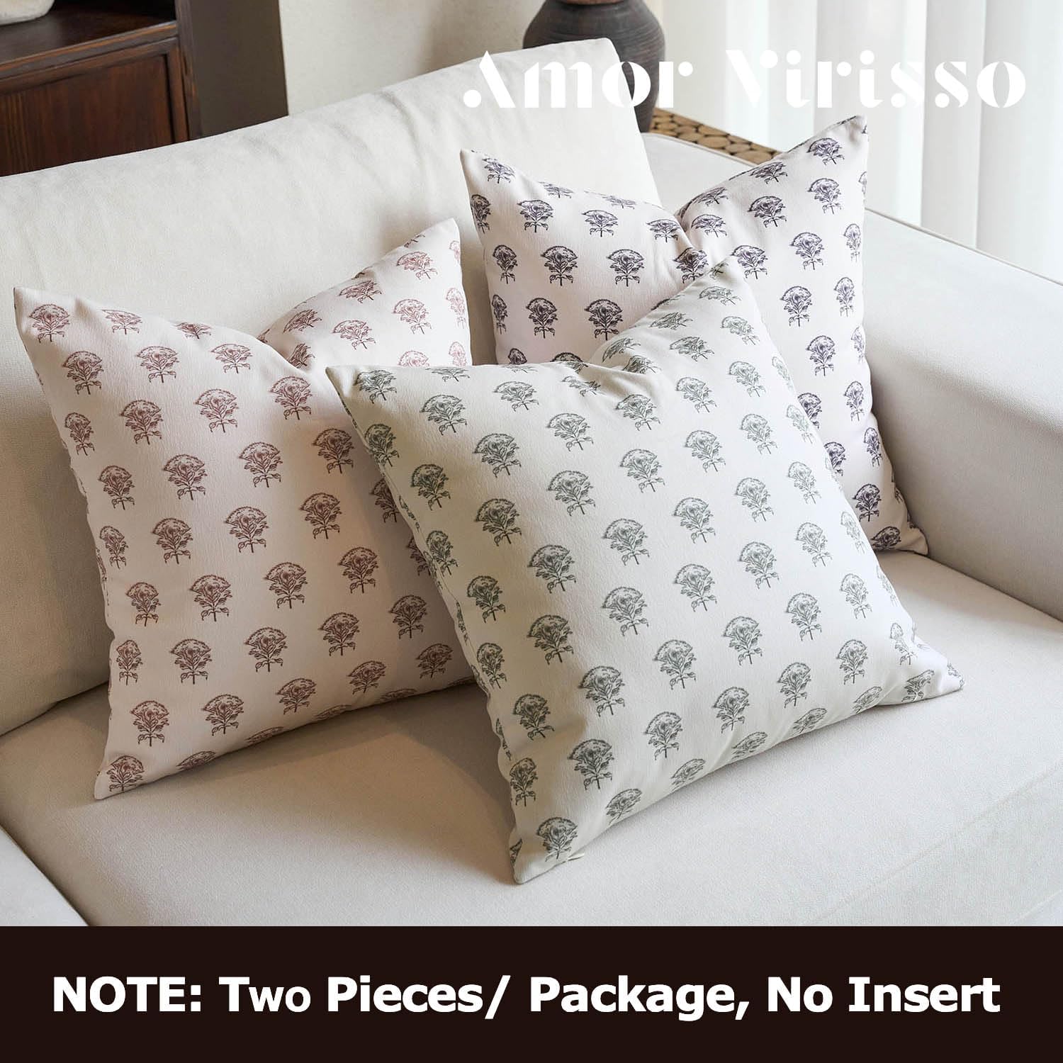 Amor Virisso Set of 2 Floral Throw Pillow Covers 18x18 Inch, Vintage Decorative Block Print Pillow Covers Neutral Accent Farmhouse Pillows Home Decor for Sofa Couch Bed, Dusty Green - Image 5