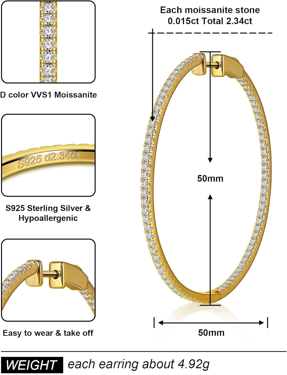 Moissanite Hoop Earrings for Women S925 Sterling Silver D Color VVS1 Round Cut Moissanite Inside Out Round Loops Hypoallergenic Large Huggie Hoop Earrings - Image 3