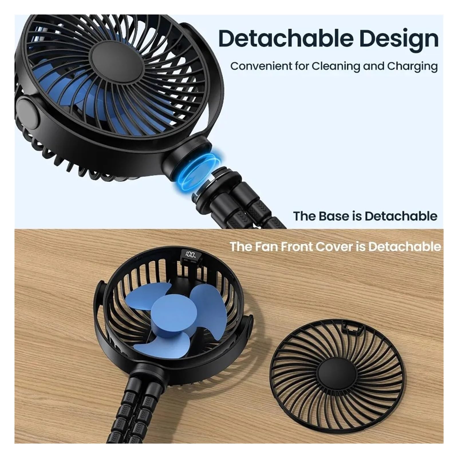 Ventilador Doble Cabeza Salpicadero Coche Miniventilador Portátil Para Cochecito De Bebé, 5000mah, Recargable Por USB, Eléctrico Para Exteriores, 4 Velocidades(5000mAh)