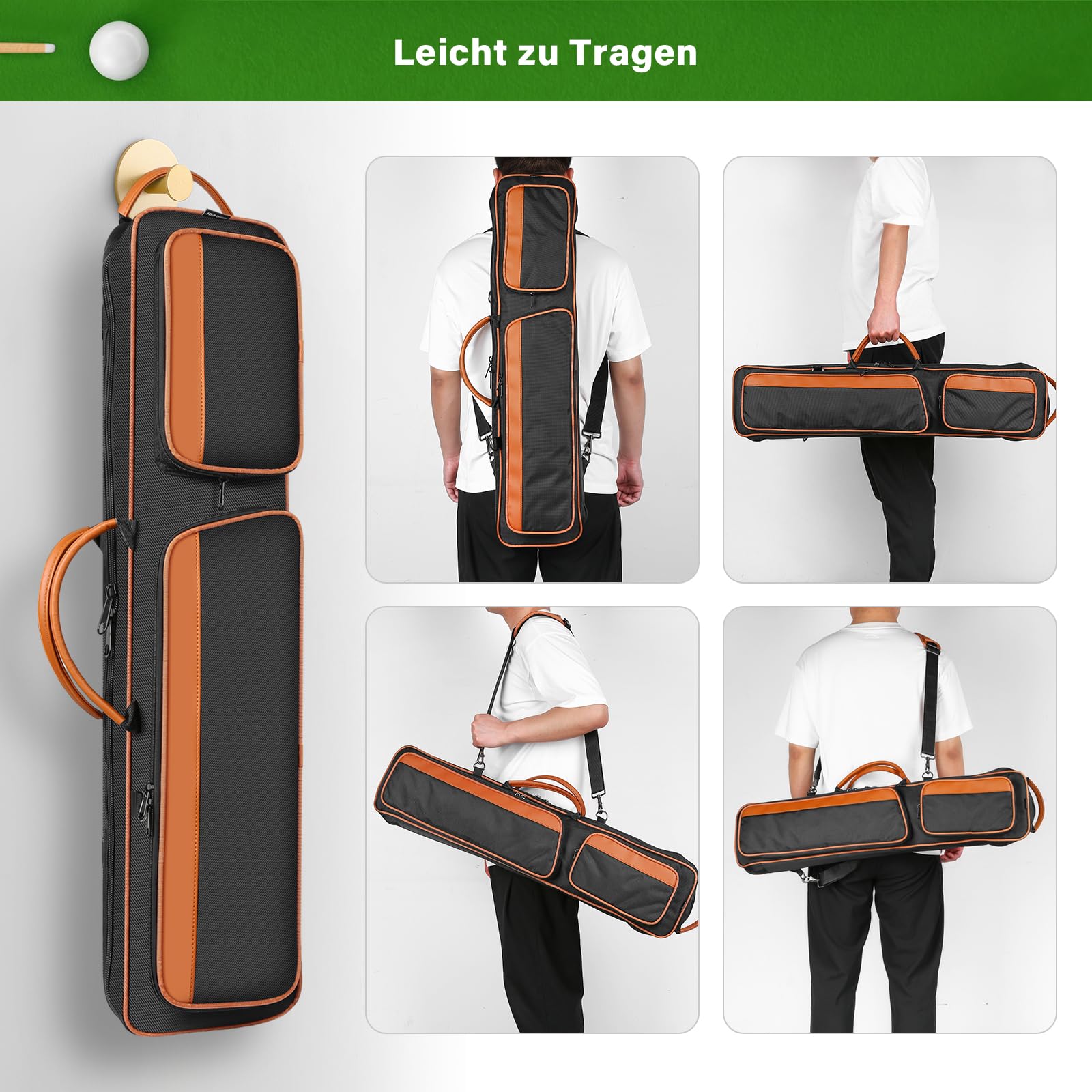 4x5 Billard Queue Tasche für 4 Unterteile und 5 Schäfte,Weich Gepolsterte Pool Queue Tasche mit Großen Vordertaschen für Billard-Zubehör,Billard Queue Koffer mit Schultergurten für Einfaches Tragen