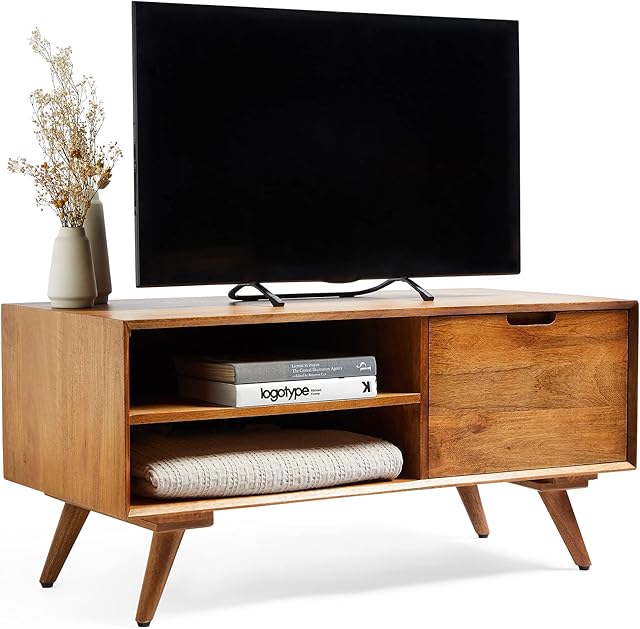 Spinningfield Mango Wood TV Unit  Wooden TV Cabinet - For TV's up to 42" - Entertainment Unit w/Storage Cupboard & Open Shelves - 50kg Capacity - Luxury Mid Century Style - For Living Room - Buxton