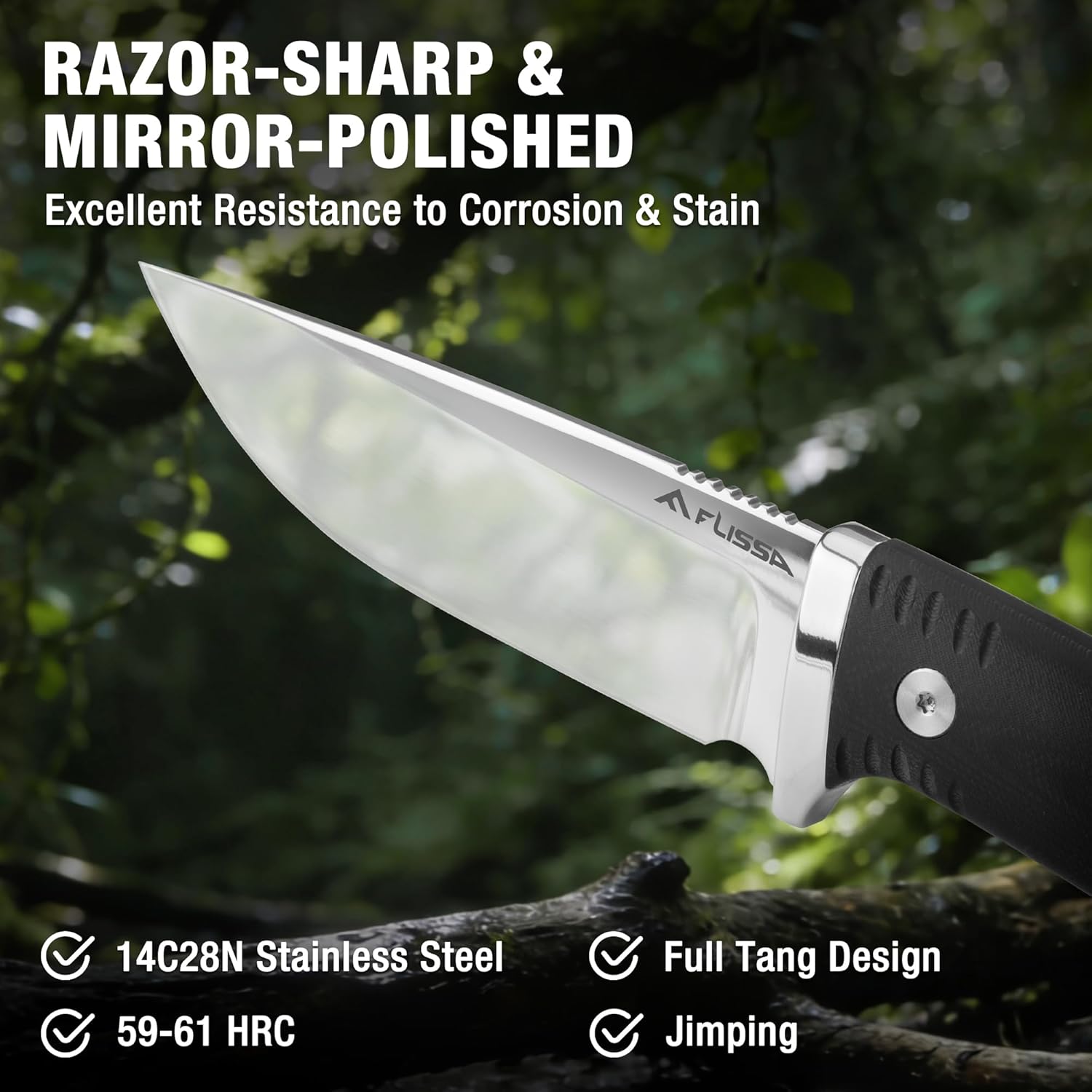 FLISSA Fixed Blade Knife with 3.7" Mirror Polished 14C28N Steel Blade, G10 Handle, Leather Sheath for EDC, Hiking, Camping, Fishing, Survival, for Men Women