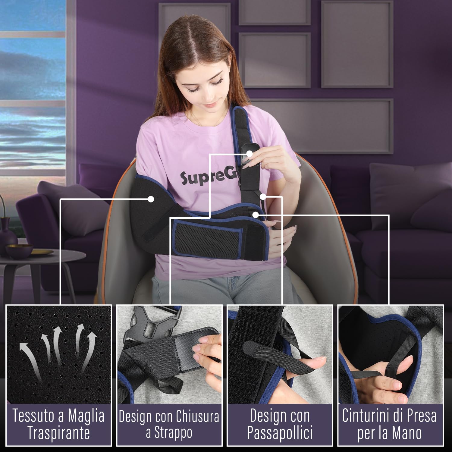 supregear Écharpe de Bras – Immobilisateur d’Épaule Confortable et Respirant pour Femmes et Hommes, Blessures à l’Épaule, Fracture, Luxation ou Entorse, Bras Gauche ou Droit, Noir + Bleu Foncé, S