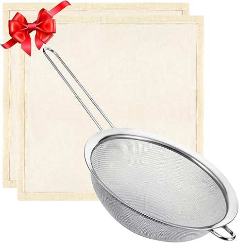 Juego de paños de queso y colador de malla fina, coladores de acero inoxidable de 7.9 pulgadas con asa, 20 x 20 pulgadas, gasa de algodón sin