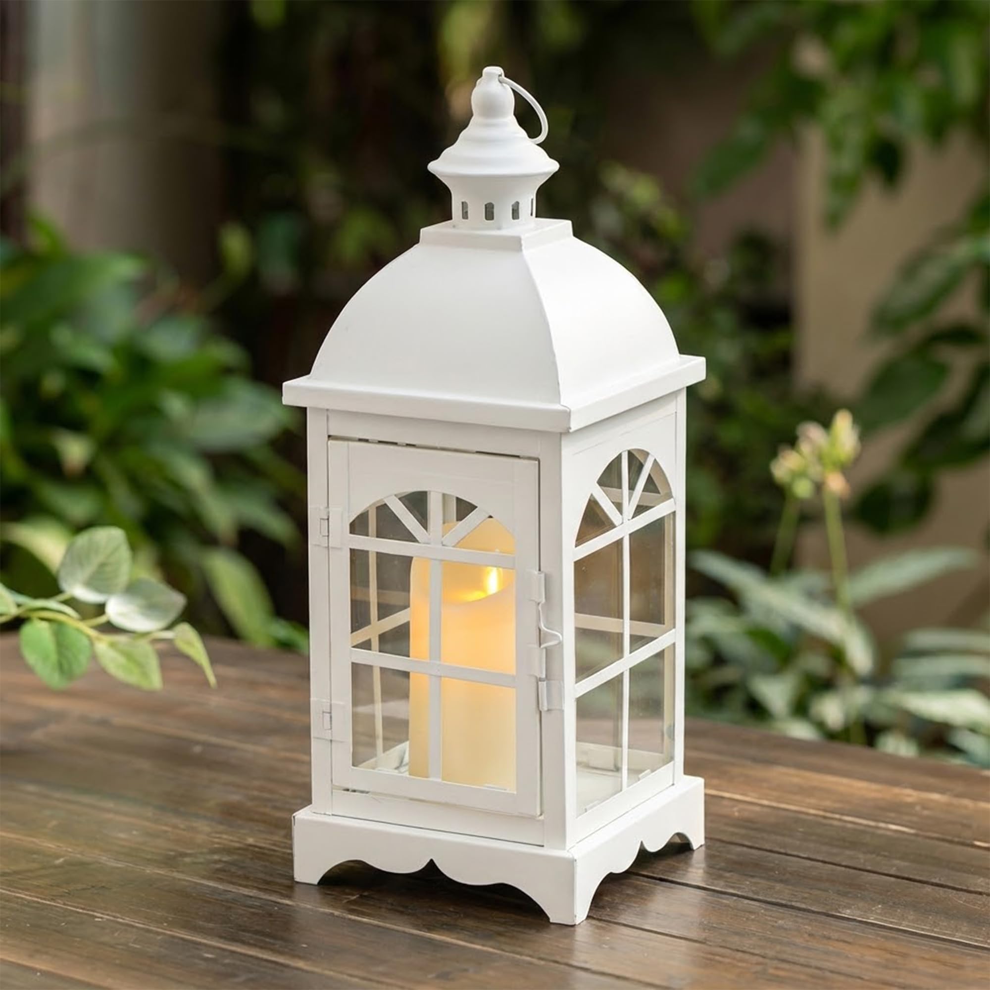 Trirocks White Decorative Vintage Candle Lanterns 37Cm H Farmhouse Hanging Candle Holder With Tempered Glass For Porch Balcony Garden Wedding Commemoration Memory Memento Indoor Outdoor (White)