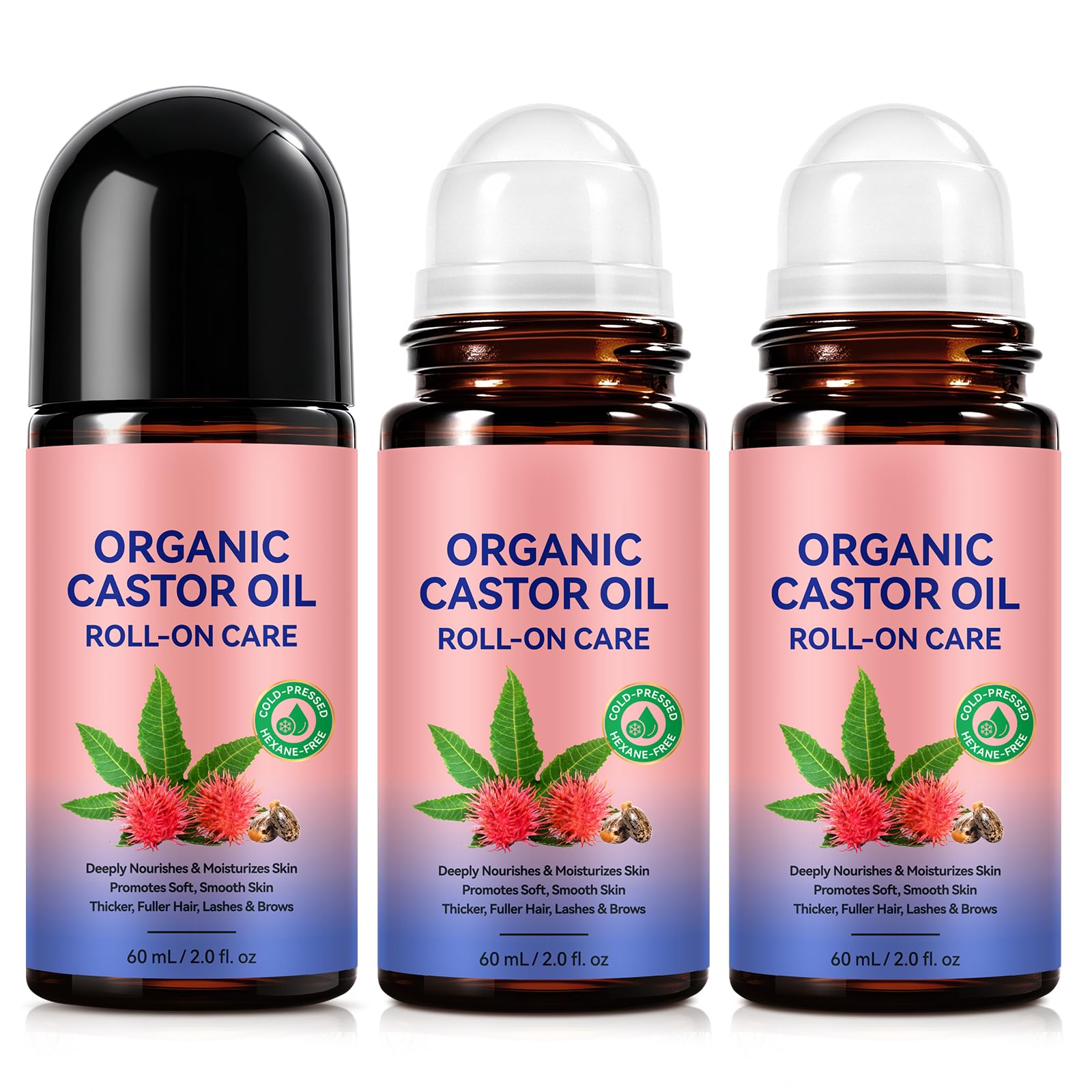 Bio-olej rycynowy Roll-On 120 ml, 100% czysty olej rycynowy tłoczony na zimno, organiczny olej rycynowy do rzęs, brwi, włosów, skóry głowy i skóry, nawilżający olejek pielęgnacyjny z aplikatorem