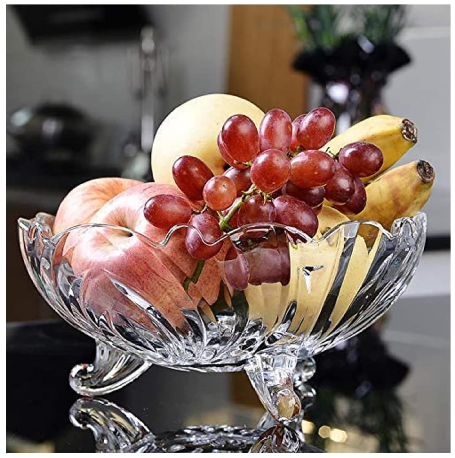 Elegant Glass Fruit Bowl – Crystal Clear 3-Footed Decorative Serving Bowl, 23cm Large Deep Dish for Fruit, Salad, Trifle, and Desserts – Modern Clear Glass Centerpiece, Durable