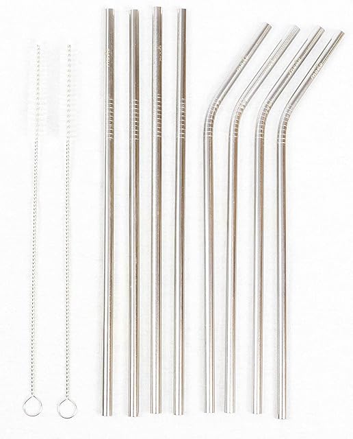 Modo Stainless Steel Straw, Eco Friendly Reusable Metal Drinking Straws with 2 Cleaning Brushes (8 Pack - 4 Straight - 4 Curved) (Silver)