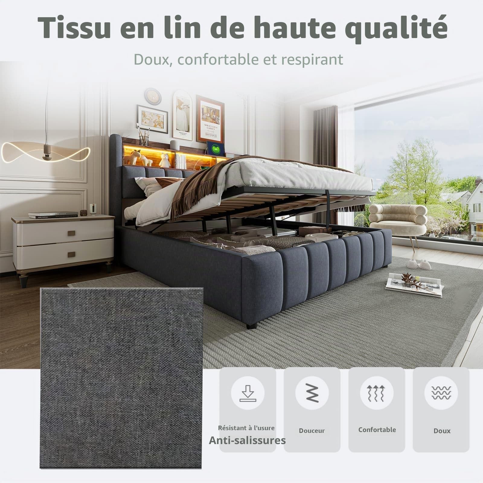 KOMHTOM Lit Rembourré avec éclairage LED et Port de Charge, Lit Hydraulique avec Espace de Rangement sous Le lit et Sommier à Lattes, Lin(sans Matelas) (Gris, 180x200 cm)