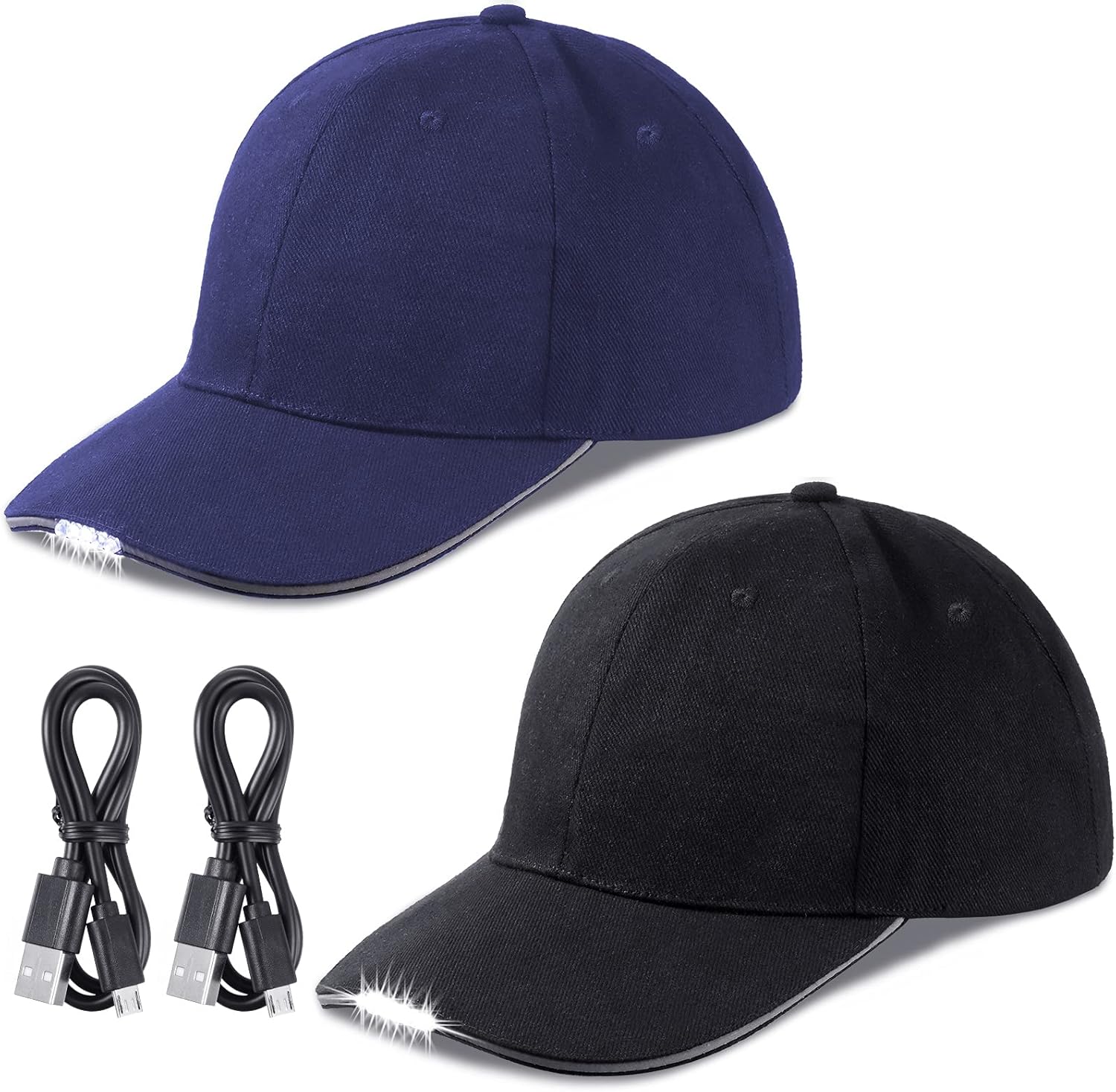 Syhood 2 Pieces LED Baseball Caps Flashlight Hats Hands Free Baseball Caps with Light Built in 5 Battery Powered Headlamp LED Hats Light for Men Fishing Jogging Camping Hand Work