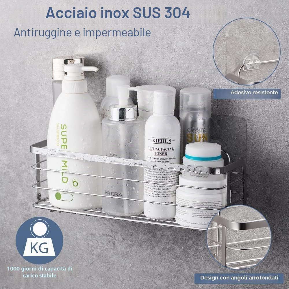 Avoalre Set di 2 ripiani per doccia, in acciaio inossidabile, con gancio per WC, cucina, senza foratura, set da 2