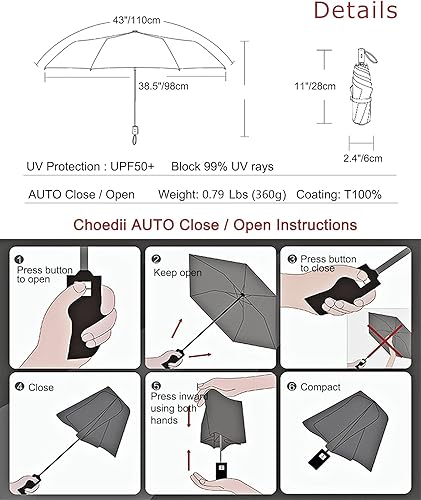 Miniatura 7 de Paraguas solar con protección UV UPF 50+ compacto portátil para viaje, parasol de apertura automática a prueba de viento e impermeable, plegable,