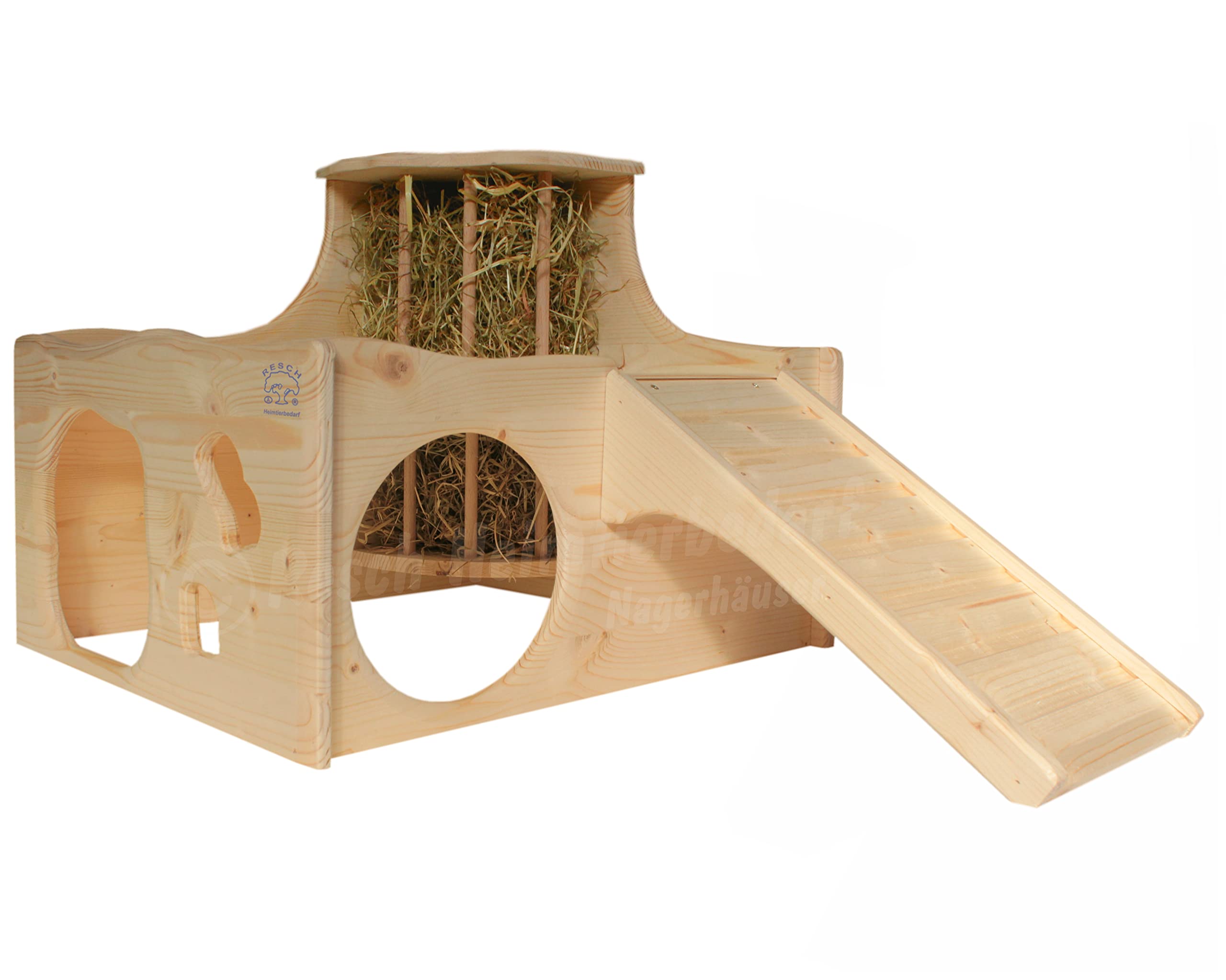 Resch Nr45 Heuburg, Naturbelassenes Massivholz aus Fichte/Mit Einer Zwei Etagen Heuraufe, Zwei Großen EIN-/Ausgängen und Einer Rampe zur Terrasse/Maße: 43,4 x 66,5 x 35cm (LxBxH)