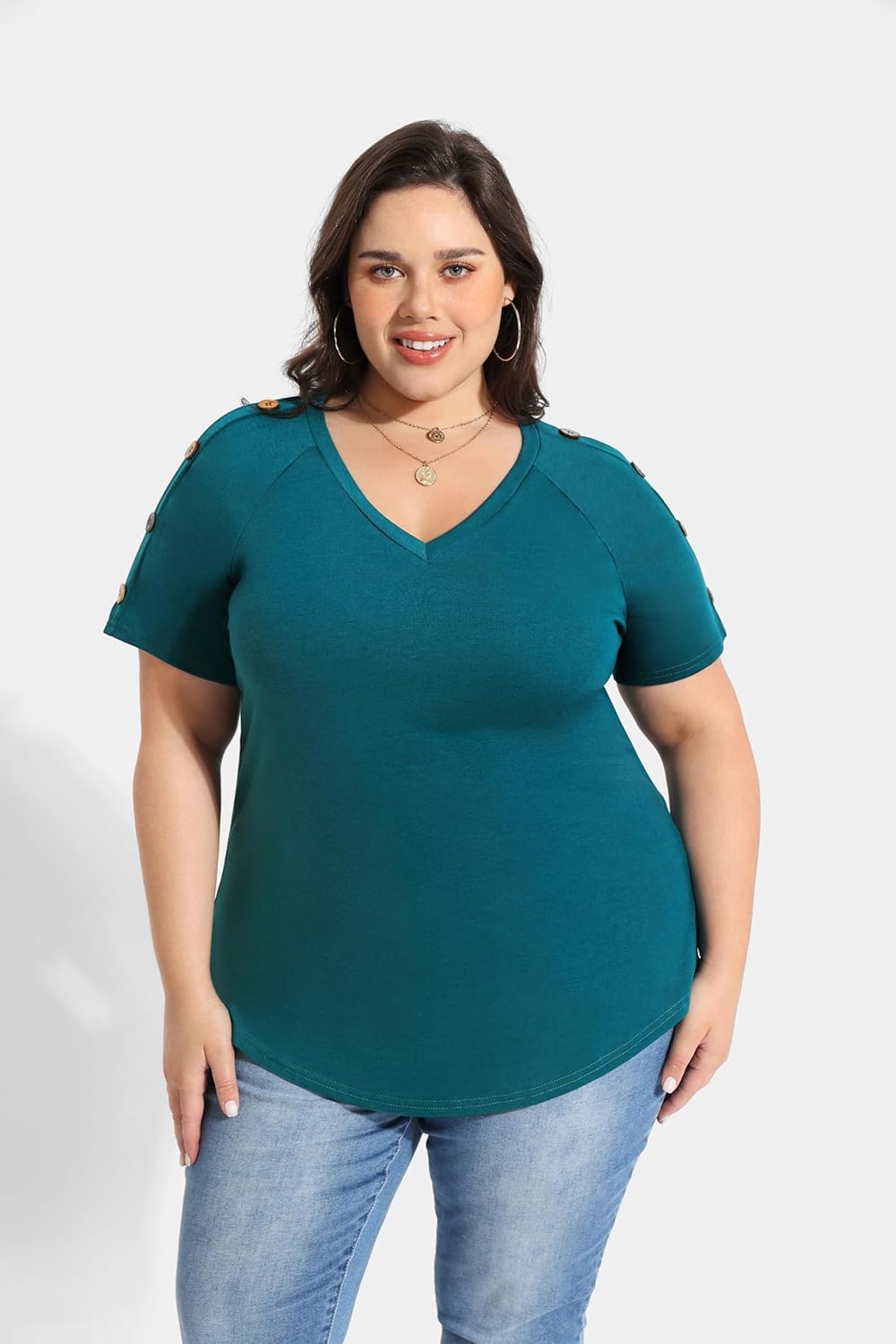 TIYOMI Ladies Plus Size 4X Teal Blue Tops V Neck Blouses Basic Solid Short Sleeve Shirts Casual Summer Button Down Pullover 4XL 24W 26W - Image 2