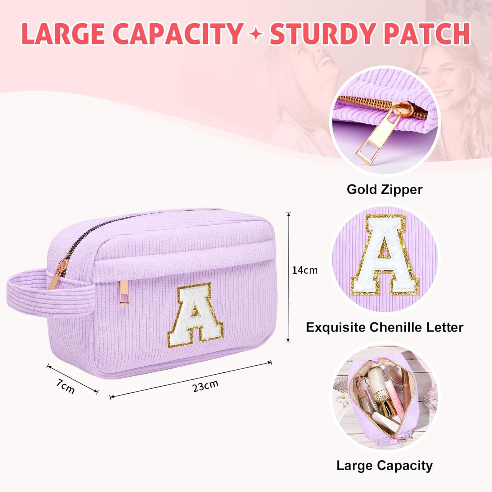 Neceser Maquillaje Mujer Personalizado Inicial, Bolsa de Cosméticos de Viaje, Gran Capacidad Neceser de Maquillaje de Pana, Regalo Cumpleaños Navidad para Mujeres Novias Mejores Amigas, Morado C — view 2