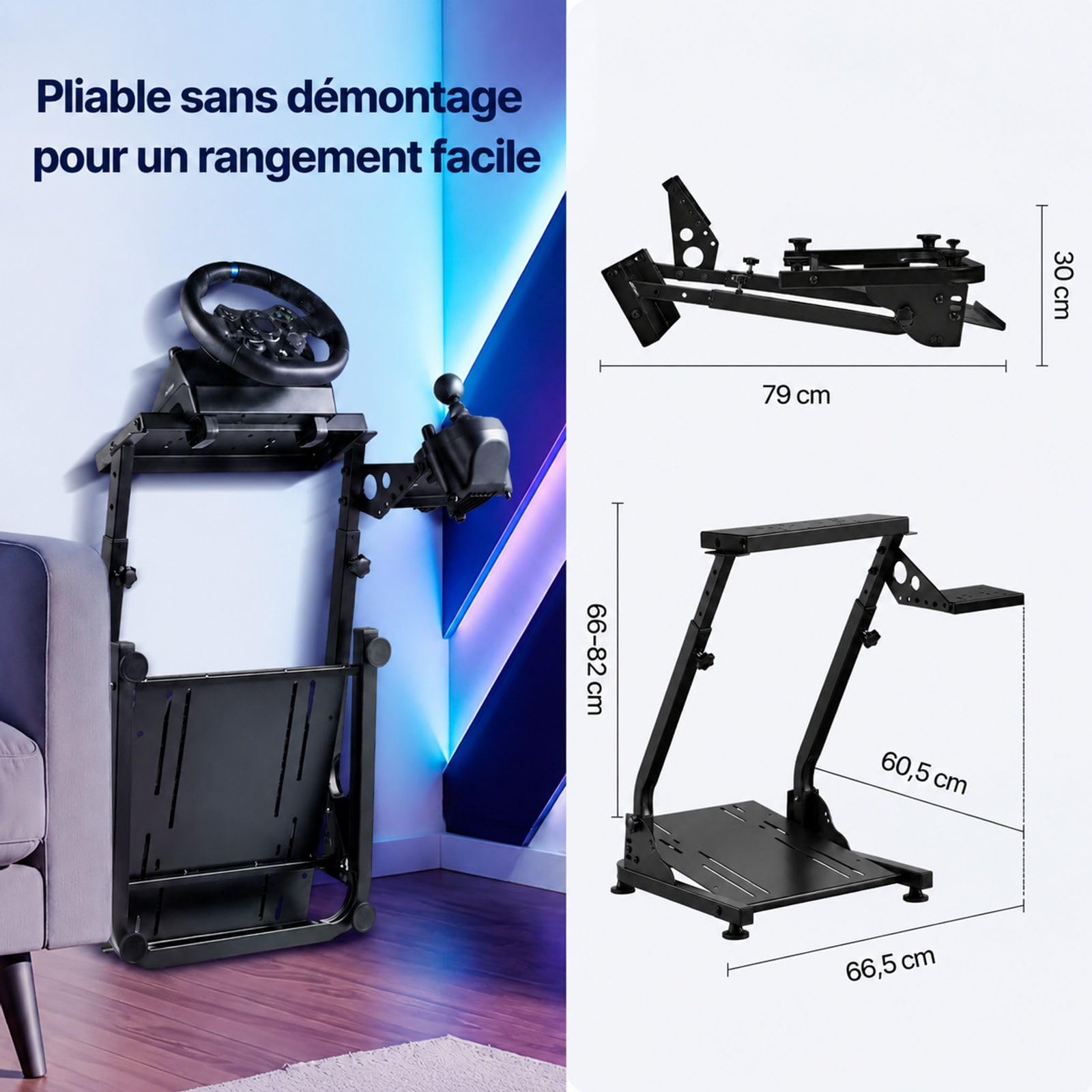 Support de volant de course pliable et réglable avec support pour pédalier, cockpit de simulation de conduite pour jeu de course, pédales non incluses