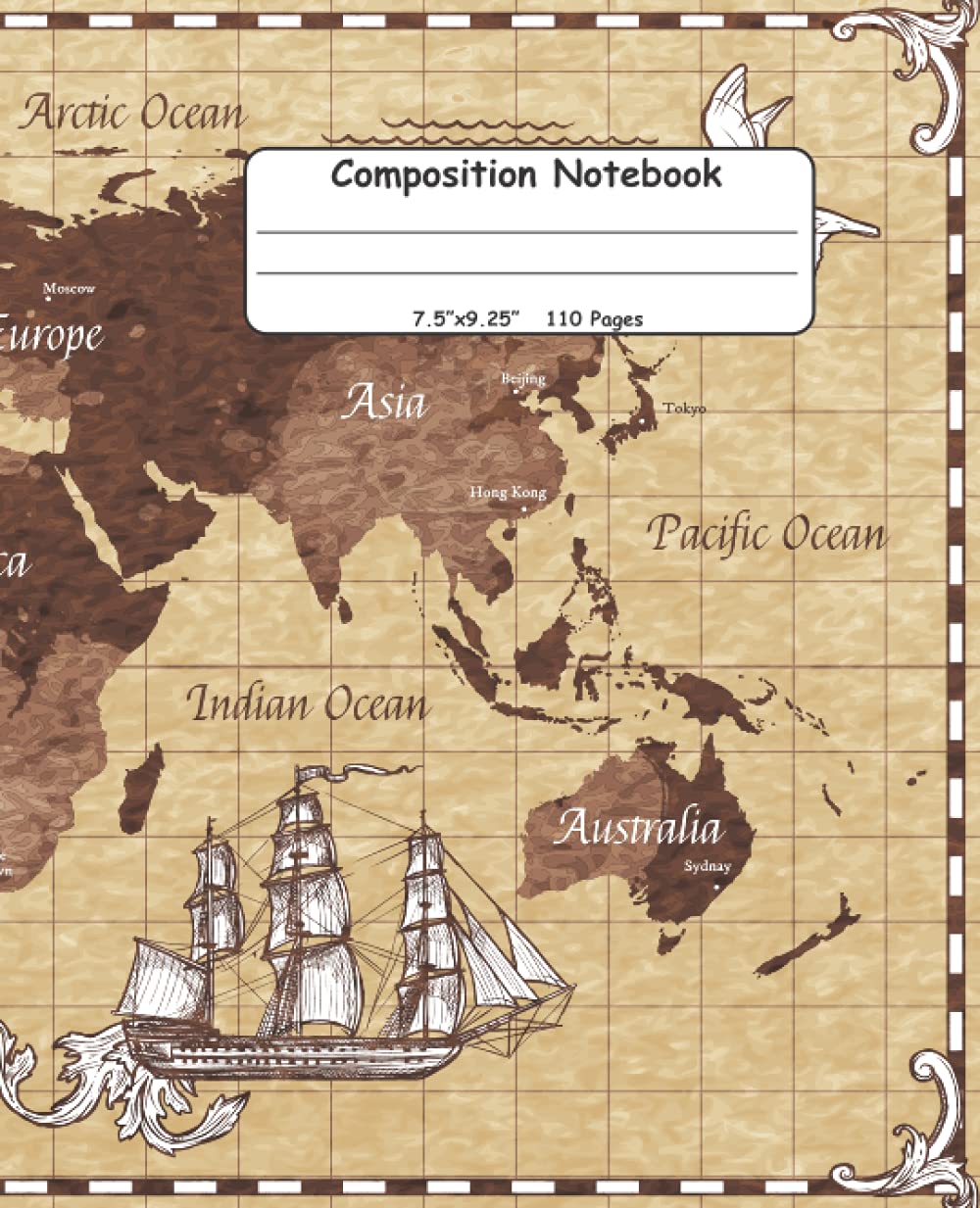 Composition Notebook Map Of The World: Compass, Map, and Astorlabe Cover Design, Wide-Ruled, 7.5"x9.25", 110 Pages, For Astorlabe and History Lovers: kids, teens, and adults (Composition Notebooks)
