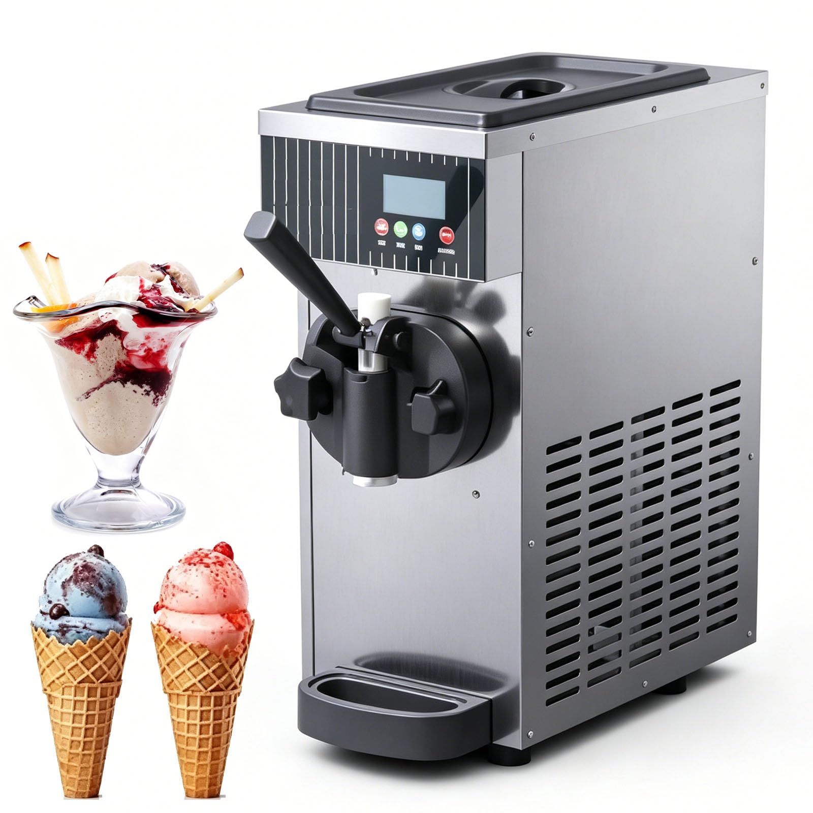 STDZQCWY 450w Commercial Ice Cream Machine, Countertop Single Head Commercial Ice Cream Maker, 4-5kg/h Output, With Intelligent Control Panel, For Cafe Snack Bar Dessert Shop metallic