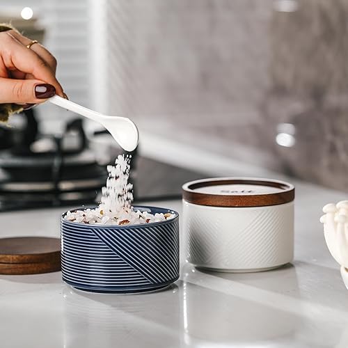 Miniatura 10 de Adewnest Cuencos de sal y pimienta bodega de sal de cerámica de 10 onzas con tapa, caja de sal apilada para encimera, recipientes de almacenamiento