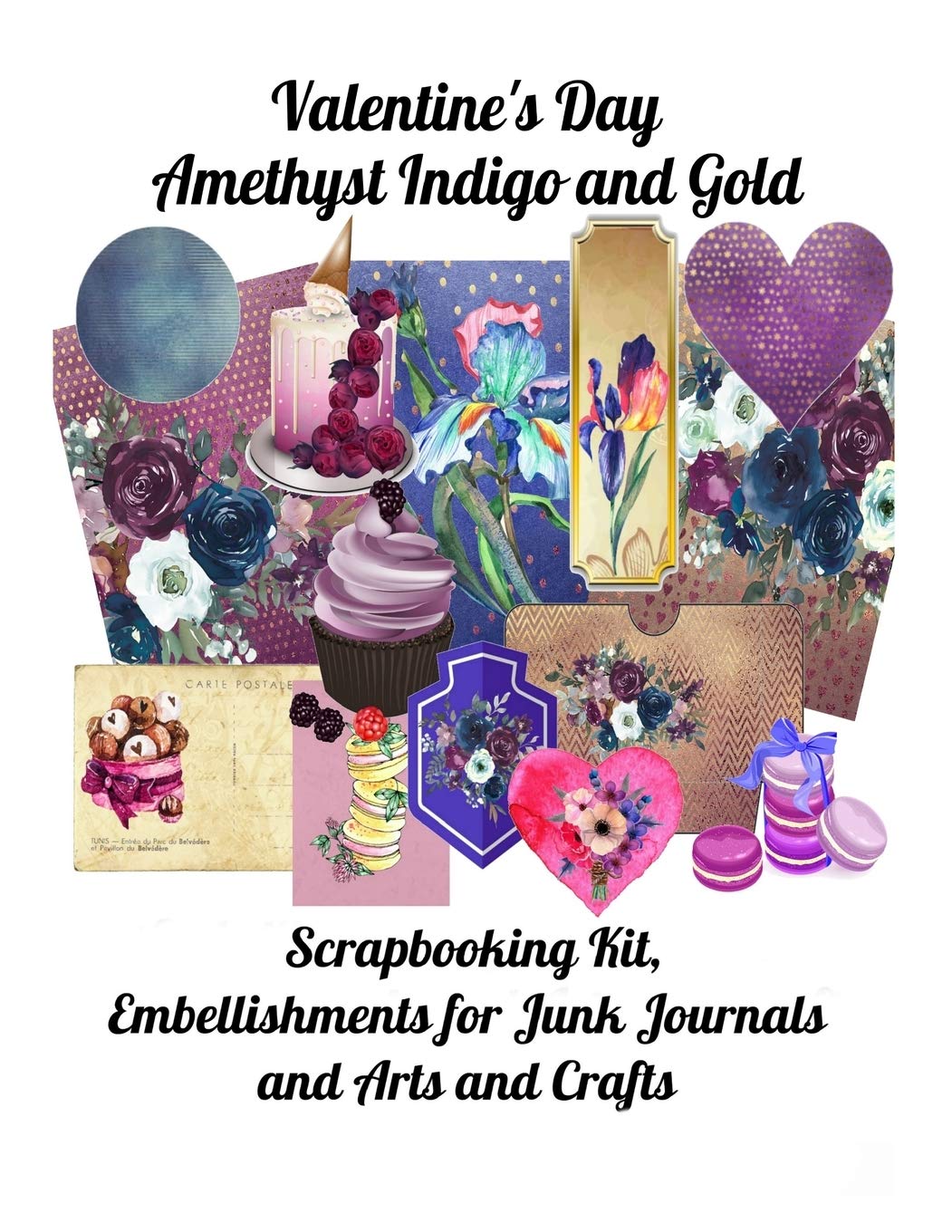 Valentine's Day Amethyst Indigo and Gold: Scrapbooking Kit, Embellishments for Junk Journals and Arts and Crafts