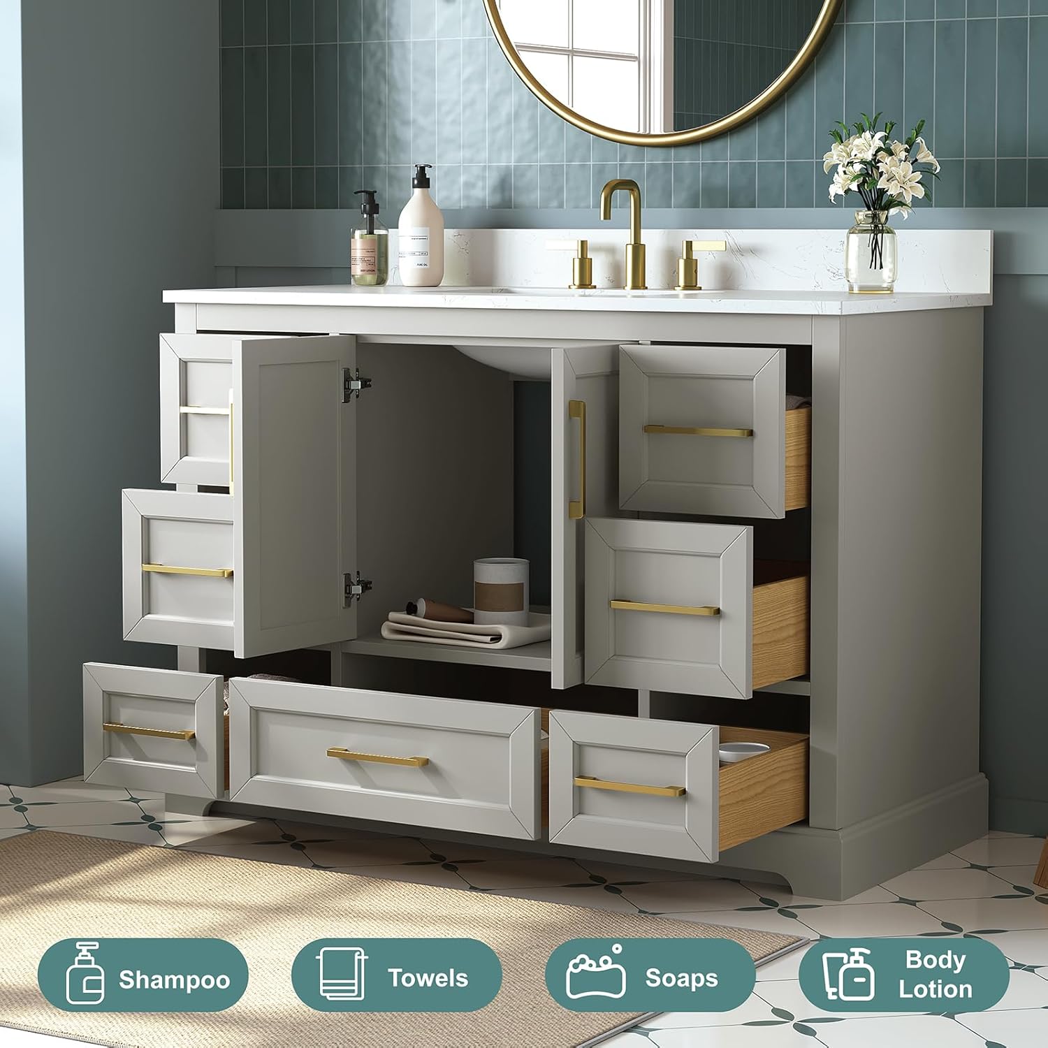 48 Inch Bathroom Vanity with Sink Combo, Solid Wood Frame with Mable Top &Backspalsh, Fully-Assembled with Soft-Closing Doors & 7 Drawers, Greige