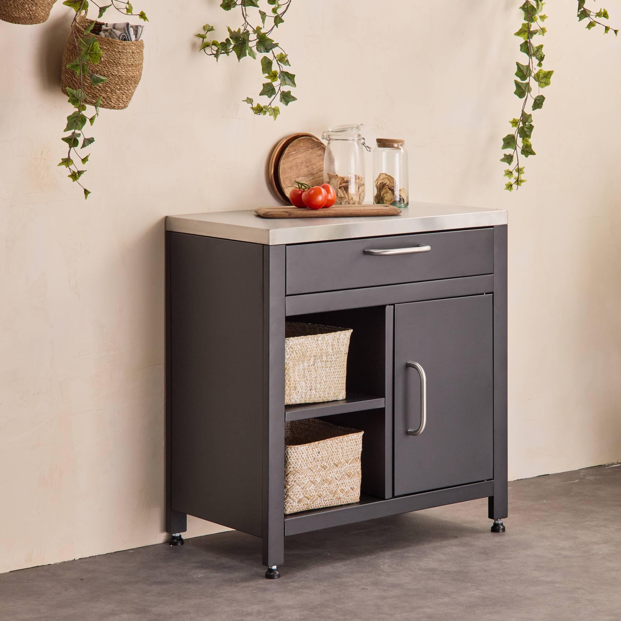 sweeek - Meuble de cuisine extérieure en acier L80cm avec 1 tiroir. 1 porte et 2 étagères de rangement