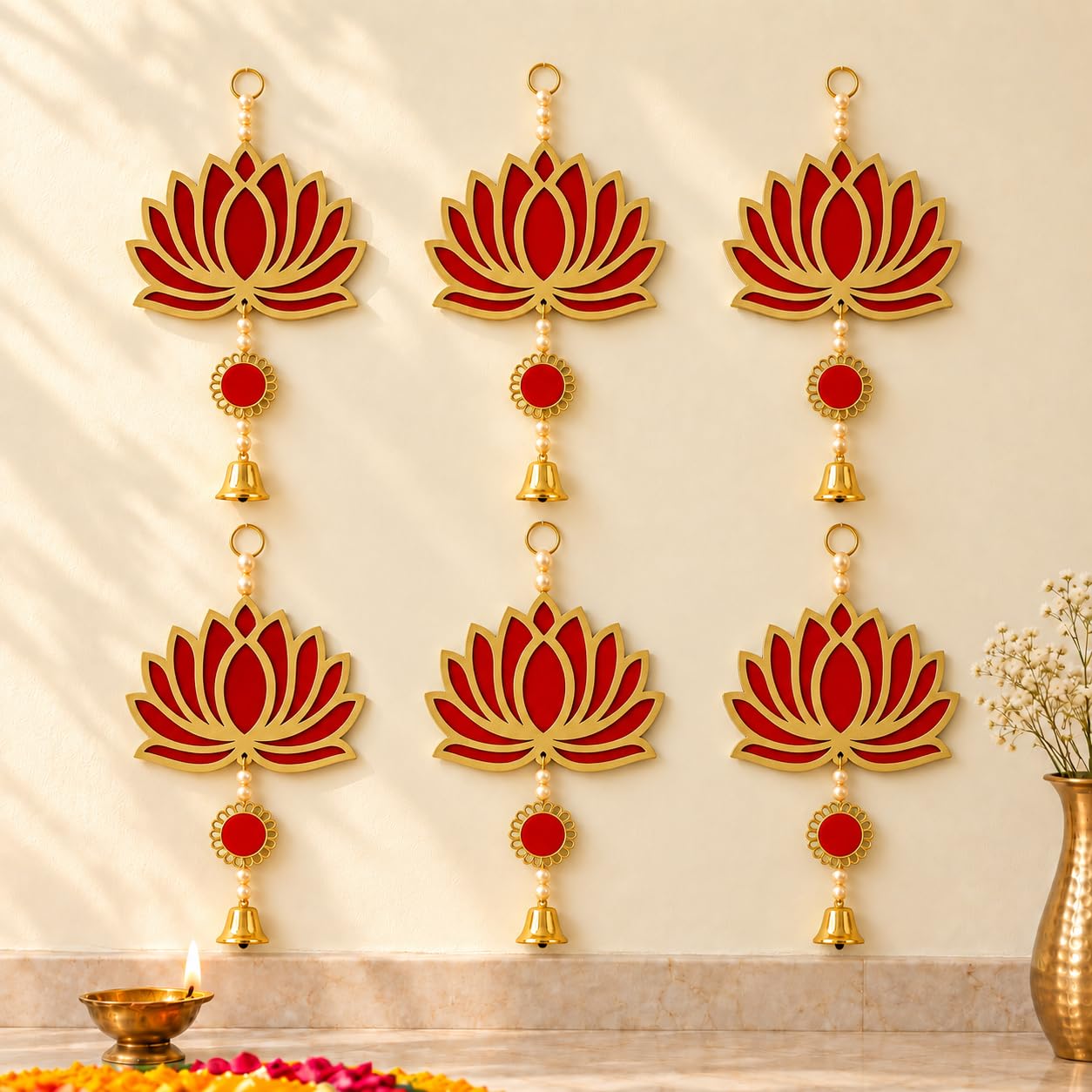 Diwali Lotus Decorations - Red & Gold Hanging -17