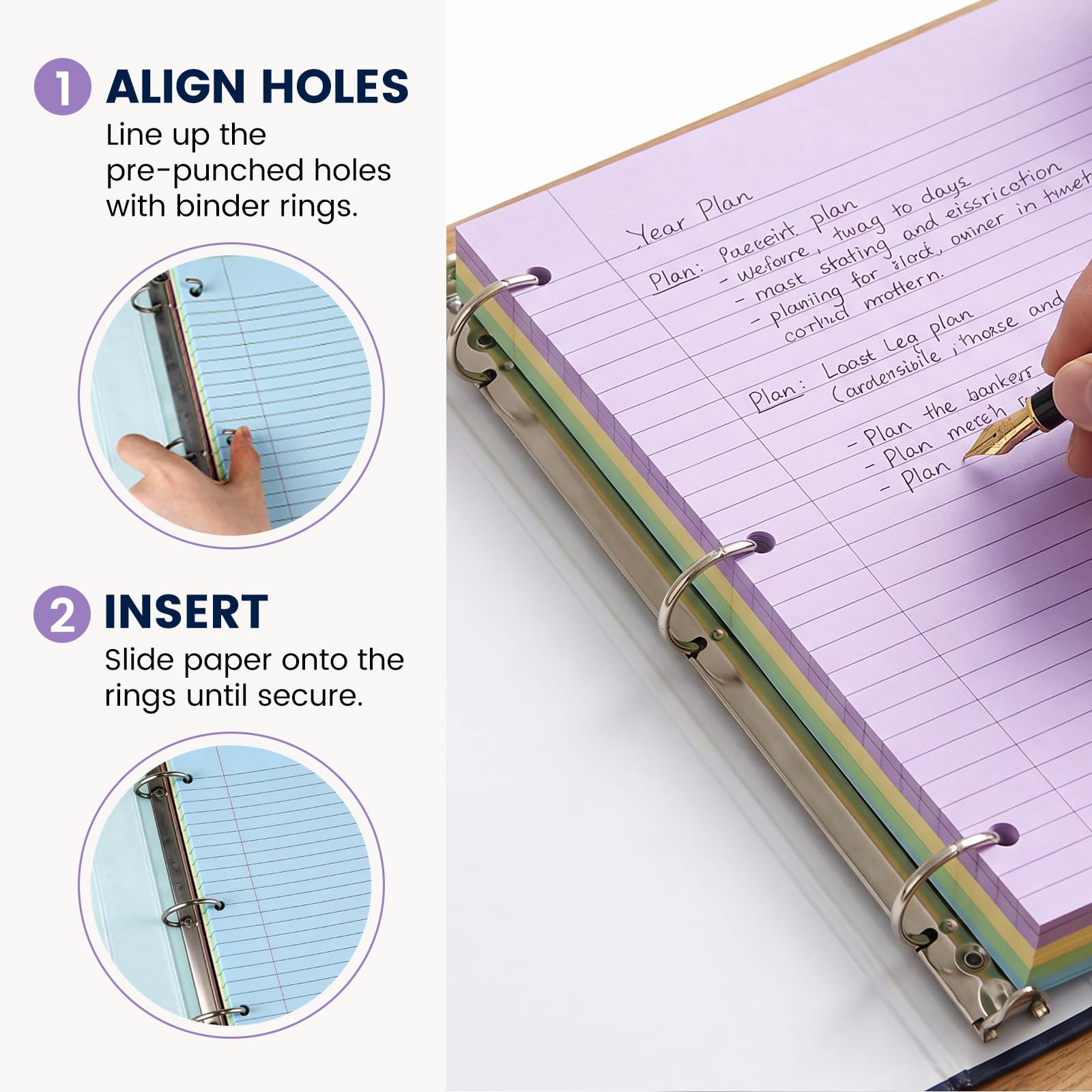 Koogel Papel de hojas sueltas, 500 hojas con rayas universitarias, blocs de recambio de papel de relleno de colores con 3 agujeros para cuaderno A4, carpetas de 3 anillas, escuela, oficina