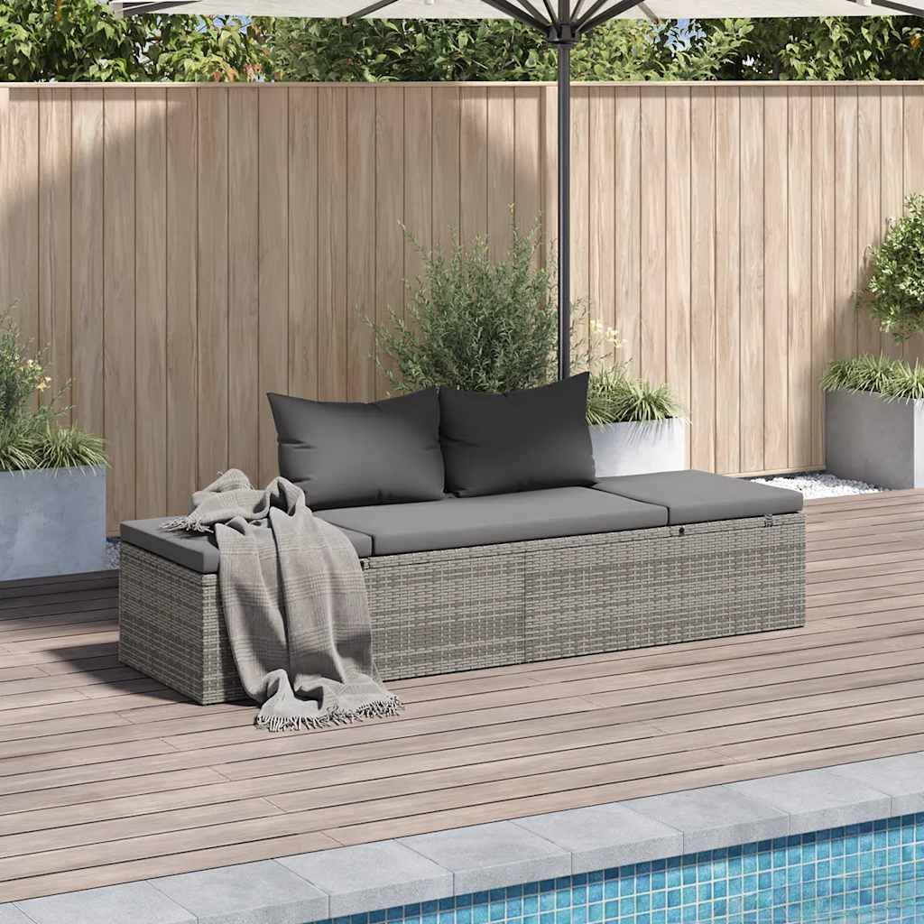 Lettino da giardino in polyrattan grigio, 195 x 60 cm, con schienale e pediera regolabili, imbottitura inclusa, ideale come lettino da sole, isola lounge per terrazza, balcone, relax