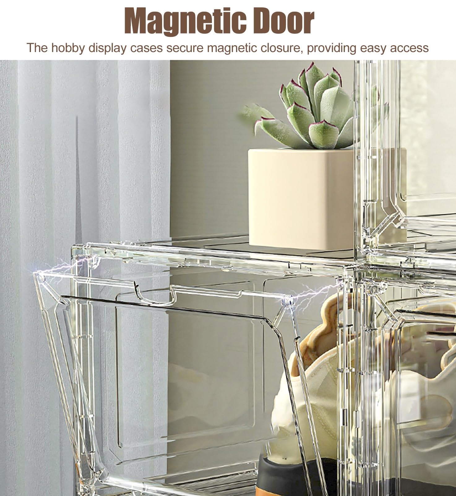 Teca Plexiglass Scatole per Scarpe Trasparenti Antipolvere con Porta Magnetica, Scatola in Acrilico Impilabile Lunga 34,8 cm, Vetrina per Oggetti da Collezione, Libri, Personaggi(White)