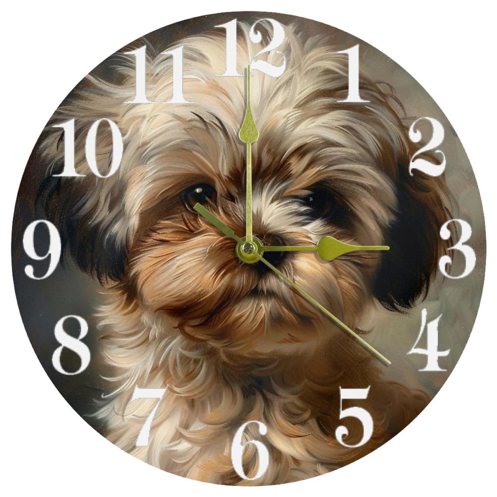 Horloge murale Shih Tzu marron silencieuse en verre pour salon