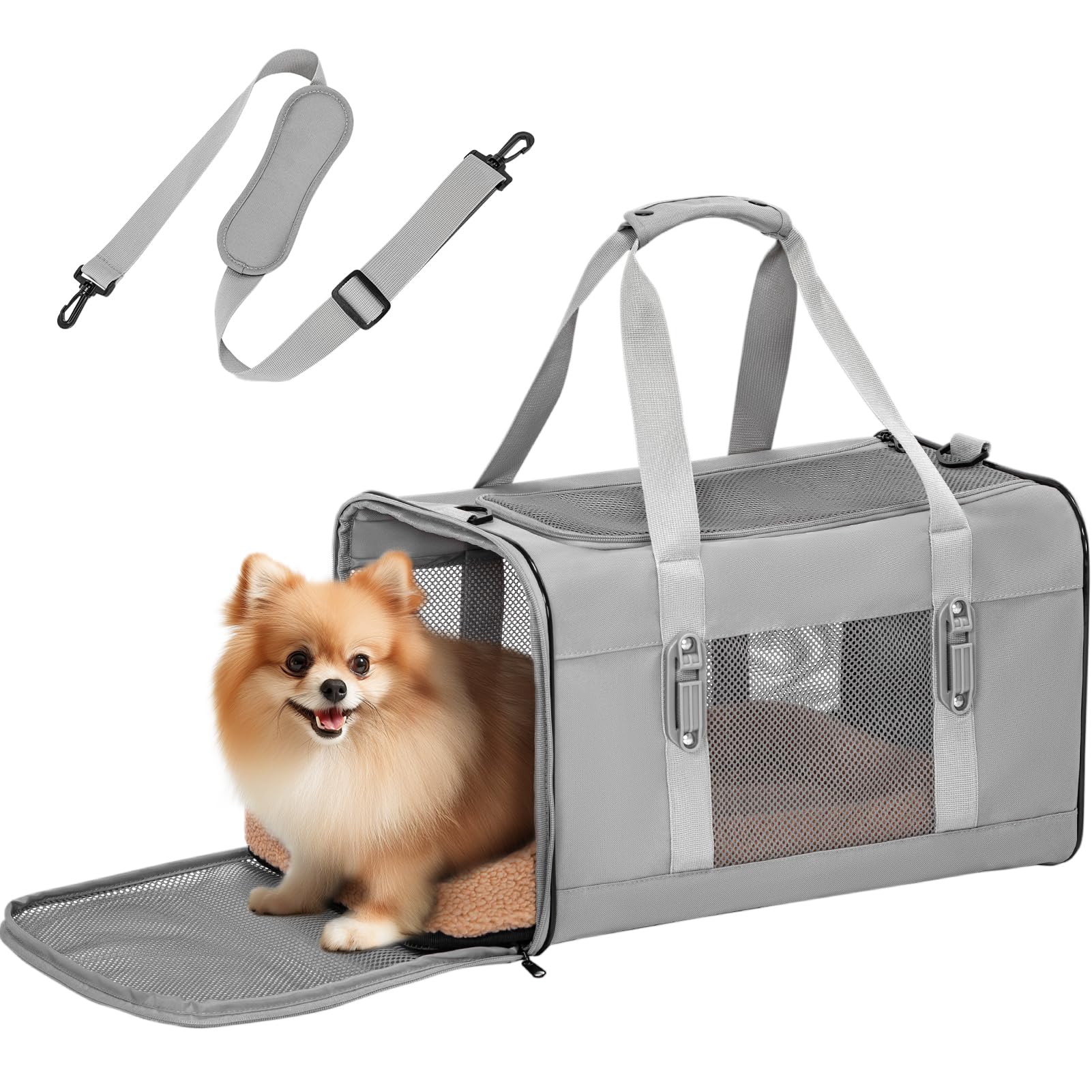 Petsfit Transportín Perro Gato Coche Plegable, Bolso Transportin para Mediano con Hombro Ajustable y Suave Acolchado, Trasportines Gato Perro 48,5x31x31 cm, Gris