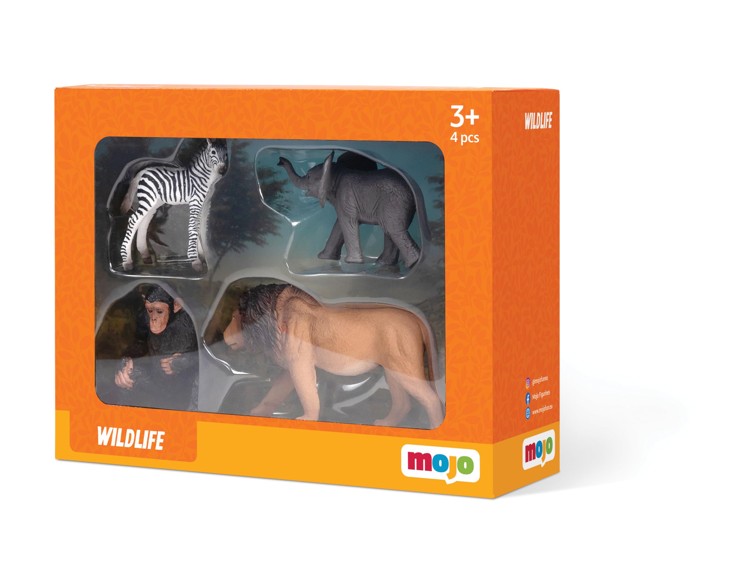 MOJO Starter set avventura africana con leone, scimpanzé, puledro zebrato e elefantino | figure giocattolo dipinte a mano | Collezione Wildlife (set iniziale avventura africana)