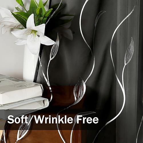 Miniatura 4 de youleyar Cortinas transparentes de gasa con estampado de lámina plateada, cortinas de mimbre con ojales en la parte superior, paneles de tratamiento