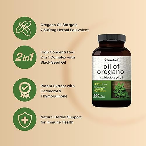 Miniatura 3 de NatureBell Oregano Oil 7,500mg with Black Seed Oil, 360 Softgels | 360-day Supply Essential Oils for Immune Health | Retains High Concentrated