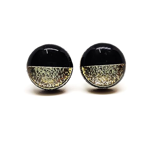 Two Toned with Faux Hammered Metal 10mm Stud Earrings, Handmade, Posts for Sensitive Ears Stud for Women Girls Men (Black and Gold Faux Hammered