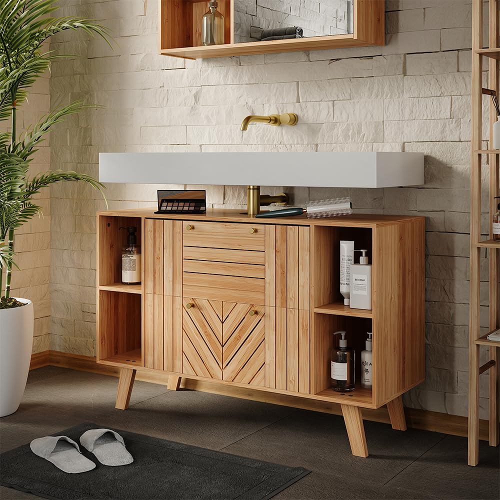 Vicco Meuble sous Vasque Simple Lucie, Bambou, 100x65cm avec 2 tiroirs, Convient au Rangement Peu encombrant des Accessoires de Salle de Bain